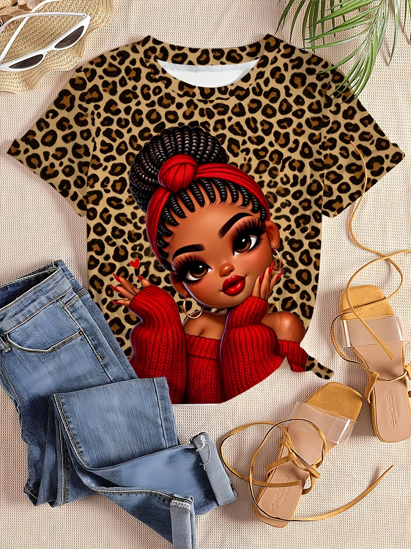 Women'S "Leopard Print Red Charm Cute " Themed Printed Short Sleeved T-shirt | Plus Size, Casual Style, Crew Neck, Slight Stretch Fabric, Digital Print, Regular Sleeve Length