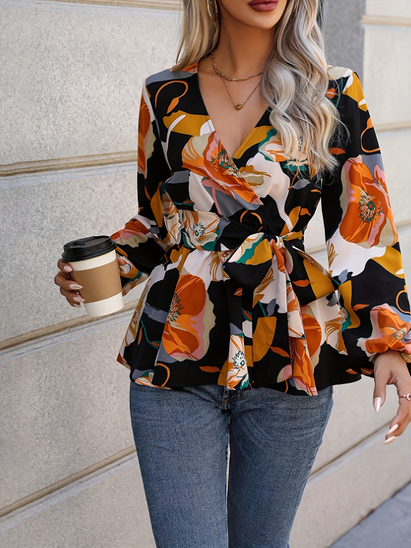 Floral Print Surplice Neck Blouse, Elegant Tie Waist Lantern Sleeve Blouse For Spring & Fall, Women's Clothing