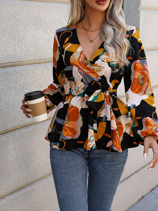 Floral Print Surplice Neck Blouse, Elegant Tie Waist Lantern Sleeve Blouse For Spring & Fall, Women's Clothing