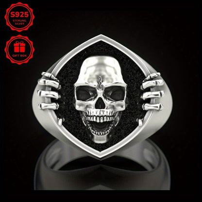 925 Sterling Silver Hypoallergenic High-quality Retro Punk Style Skull Head Men's Ring, Domineering and Exaggerated Shiny Ring, Versatile and Trendy Street Wear Matching Ring Jewelry Gift Box Packaging, Men's Fashion Accessor