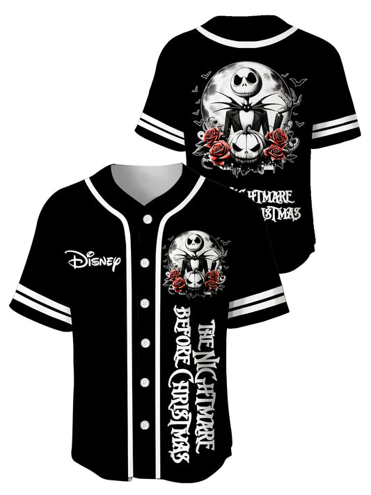 Disney A Nightmare Before Christmas Baseball Button-Up Shirt - Jack And Sally 3D Print, Women's & Unisex Casual Baseball Shirt, Disney Cartoon