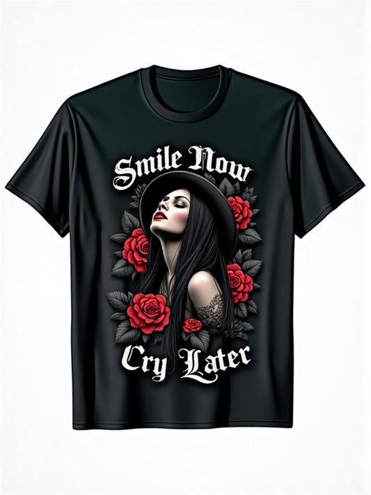 Men's Gothic "Smile Now Cry Later" Graphic T-Shirt - Dark Theme Tee with Red Roses - Everyday & Special Occasion Shirt - Machine Washable Casual Top for Men, Music Fan Apparel, Medium Elasticity Fabric