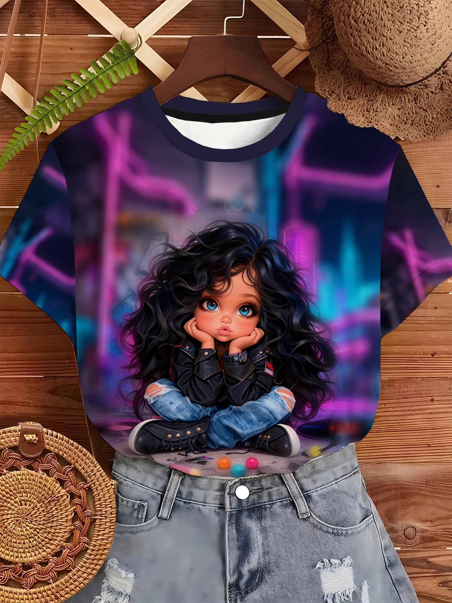 Women's Neon Cyberpunk T-Shirt - Anime Manga Style with Kawaii Chibi Character & Text - Soft Beige-Friendly Fabric Short Sleeve Round Neck Tee for, Casual Wear & Pop Culture Fans