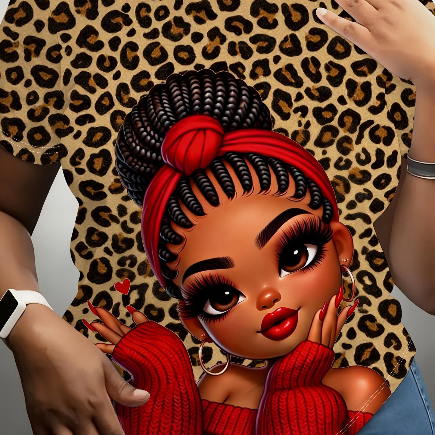 Women'S "Leopard Print Red Charm Cute " Themed Printed Short Sleeved T-shirt | Plus Size, Casual Style, Crew Neck, Slight Stretch Fabric, Digital Print, Regular Sleeve Length