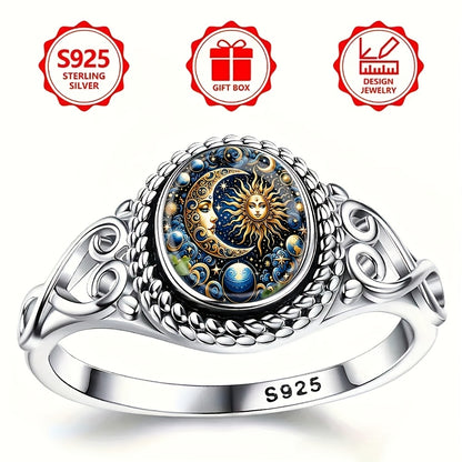 Silvery Ring, Stylish Sun, Moon, And Stars, Cosmic Wonders, Bohemian Engagement And Wedding Jewelry, Oval-Shaped Everyday Gift, Jewelry for All Seasons | Bohemian Ring | Durable Metal Ring, Seasonal Jewelry, Wedding Band, Cel