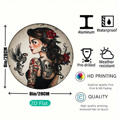 2D Flat, 1pc  Style Tattoo Metal Wall Art Sign - 8x8 Inch Round Aluminum Decoration, Featuring Bold Female and Skull Designs, Red Roses and Birds - Easy to Hang, Durable and Unique - Perfect for Bars, Courtyards, Offices, and