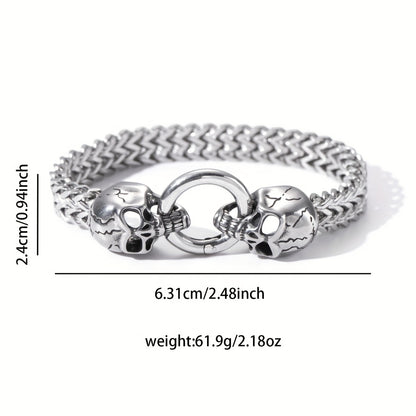 304 Stainless Steel Nordic Double Skull Cuban Chain Bracelet - Retro Punk Hip Hop Rock Jewelry for Men, Durable Polished Finish, Versatile for Daily Wear & Parties, Perfect Gift for Valentine's Day, Father's Day, Graduation,