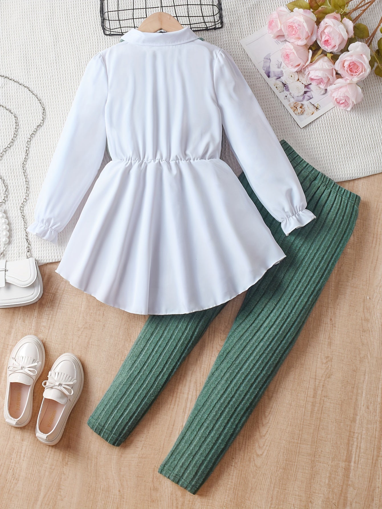 2pcs Solid Color Elegant Long-Sleeve Blouse Top + Comfy Slim Pants Set - Stylish & Casual Outfit for Girls Spring Fall Outdoor Gift