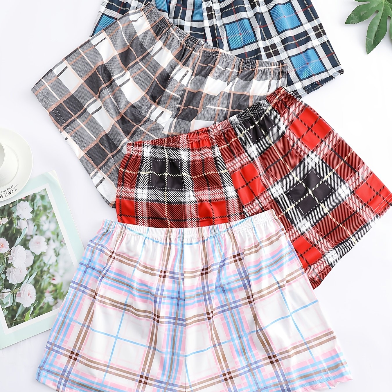 [4pcs Comfy Plaid Lounge Bottoms] 4pcs Plaid Print Lounge Bottoms, Casual & Comfy Elastic Waist Shorts, Women's Sleepwear & Loungewear