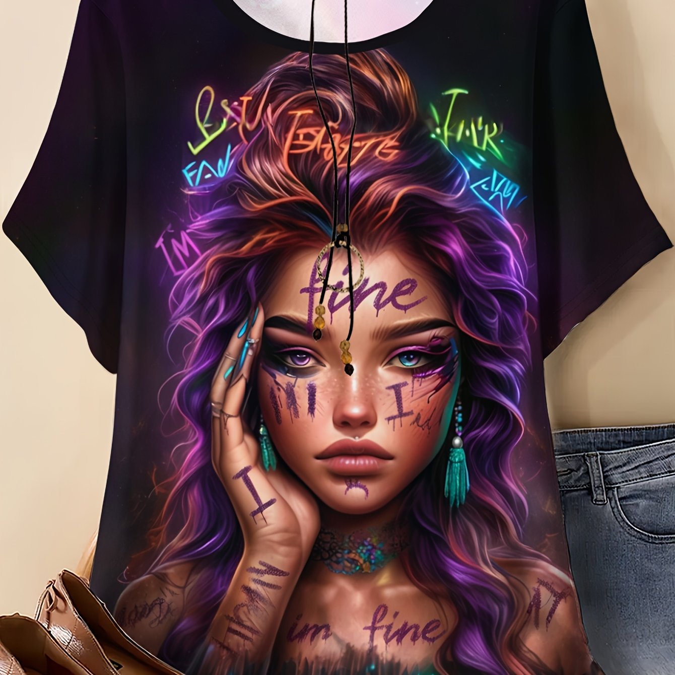 Women's Plus Size Tummy-Control Short Sleeve T-Shirt with Tattoo Print - Soft Stretch Fabric, Plus Size Friendly for all-Season Casual & Party Wear - Machine Washable Round Neck Top