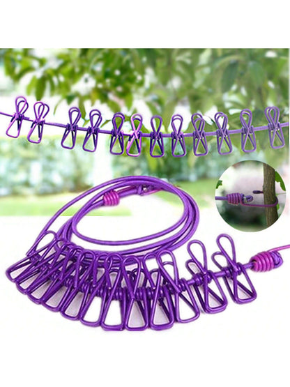 1Pc Portable Outdoor Clothesline, 12 Clothespins for Home Use, Beach Wind-Proof Clothesline, Colorful Elastic Clothes Drying Rope Dress Pants Shoes Jeans Boots Skirt