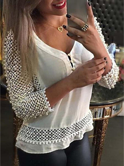 Women's V-neck Crochet Hollow Out Top 3/4 Sleeve Pullover Shirt Summer Fall Blouse T-Shirt