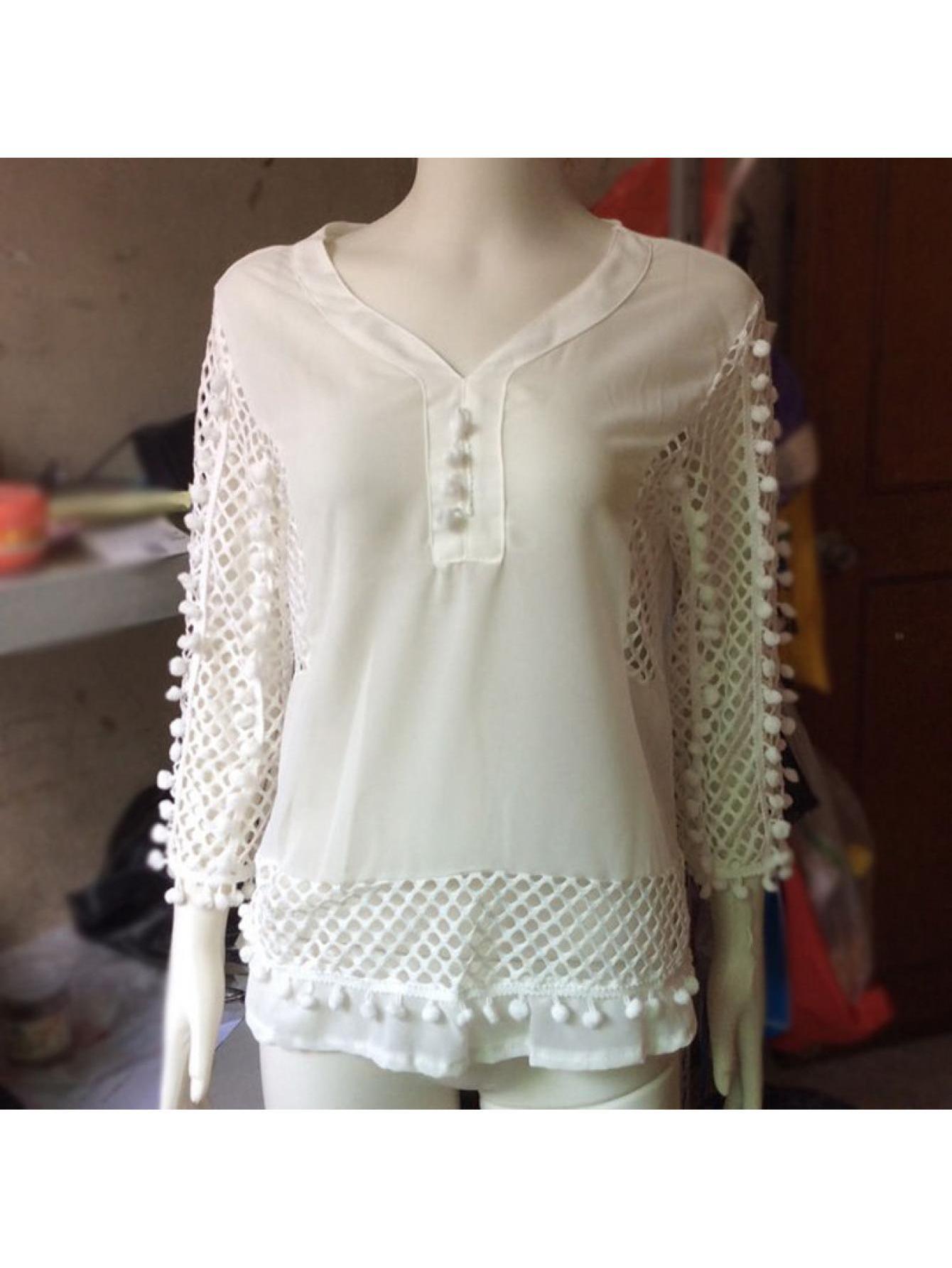 Women's V-neck Crochet Hollow Out Top 3/4 Sleeve Pullover Shirt Summer Fall Blouse T-Shirt