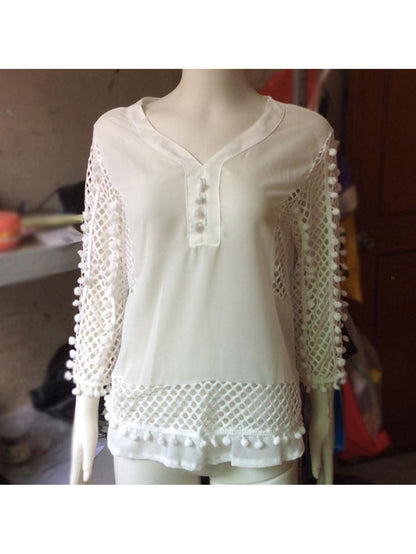 Women's V-neck Crochet Hollow Out Top 3/4 Sleeve Pullover Shirt Summer Fall Blouse T-Shirt