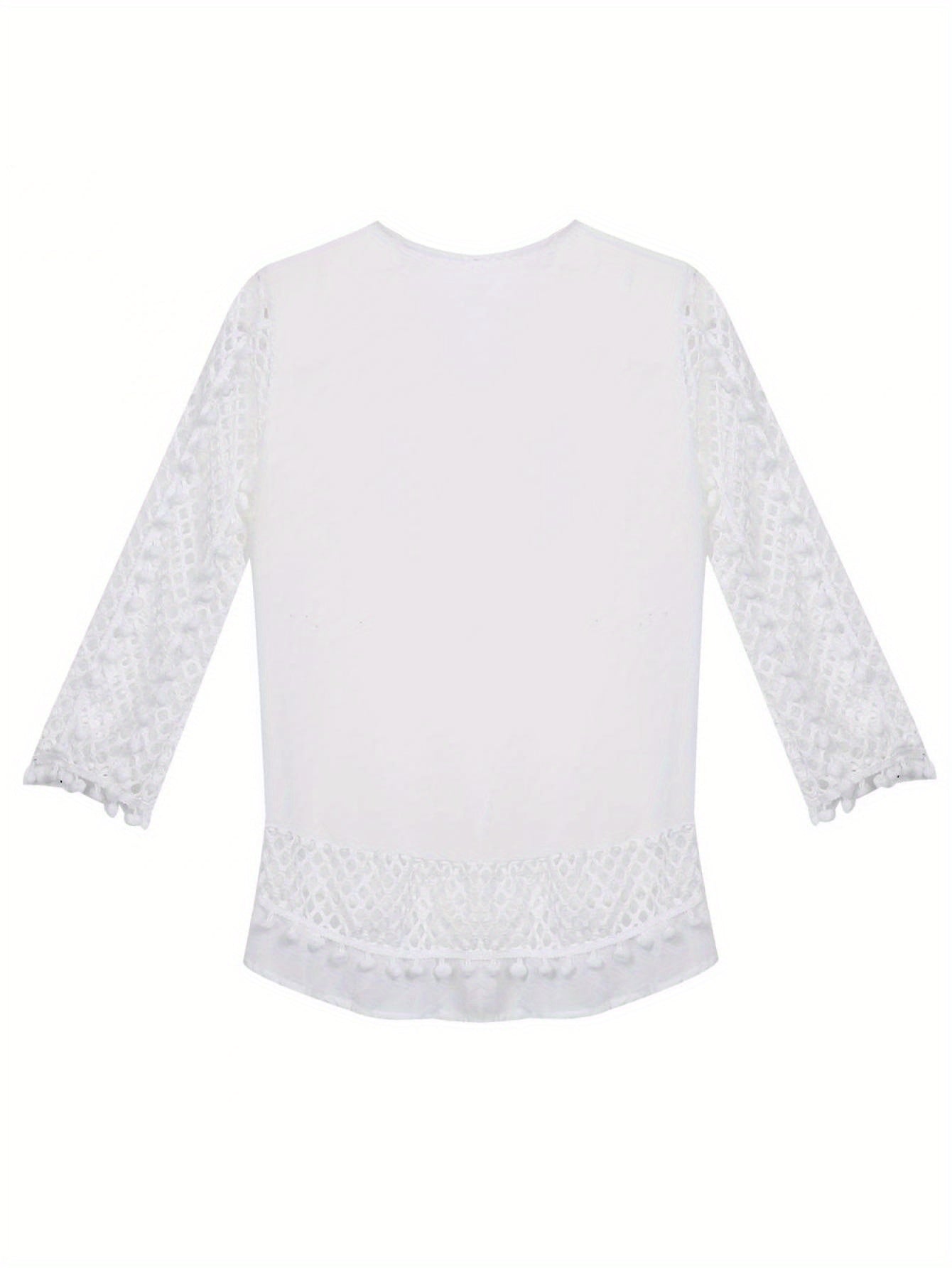 Women's V-neck Crochet Hollow Out Top 3/4 Sleeve Pullover Shirt Summer Fall Blouse T-Shirt
