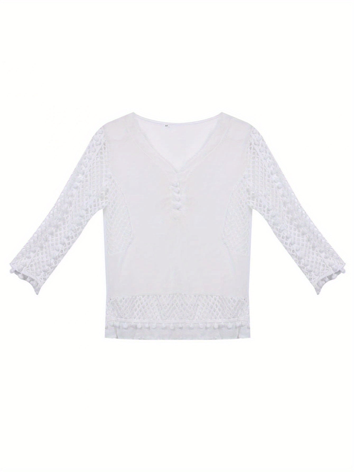 Women's V-neck Crochet Hollow Out Top 3/4 Sleeve Pullover Shirt Summer Fall Blouse T-Shirt