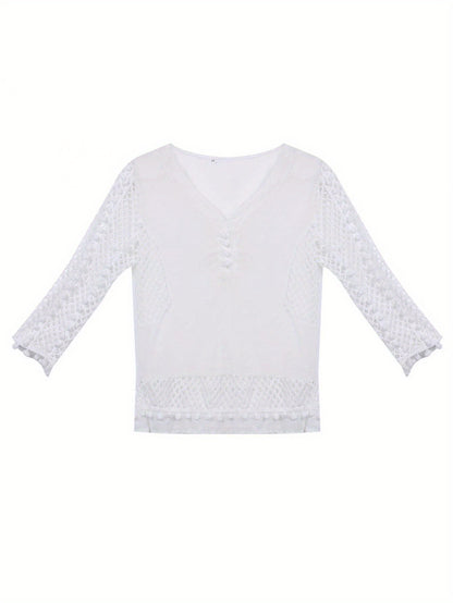 Women's V-neck Crochet Hollow Out Top 3/4 Sleeve Pullover Shirt Summer Fall Blouse T-Shirt