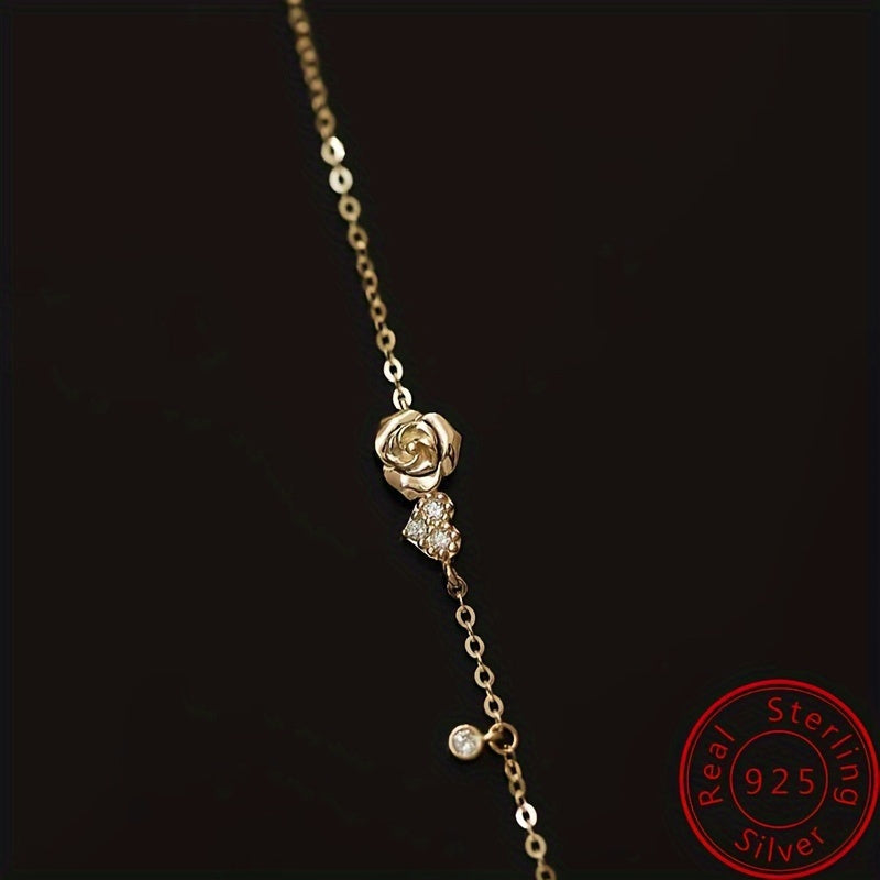 925 Sterling Silver Love Heart Rose Flower Thin Chain Bracelet Inlaid Shiny zirconia Elegant Hand Chain Bracelet