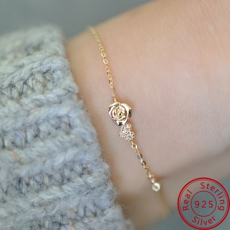 925 Sterling Silver Love Heart Rose Flower Thin Chain Bracelet Inlaid Shiny zirconia Elegant Hand Chain Bracelet