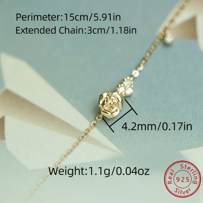 925 Sterling Silver Love Heart Rose Flower Thin Chain Bracelet Inlaid Shiny zirconia Elegant Hand Chain Bracelet