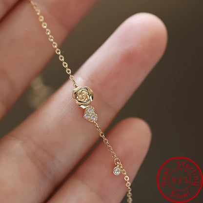 925 Sterling Silver Love Heart Rose Flower Thin Chain Bracelet Inlaid Shiny zirconia Elegant Hand Chain Bracelet