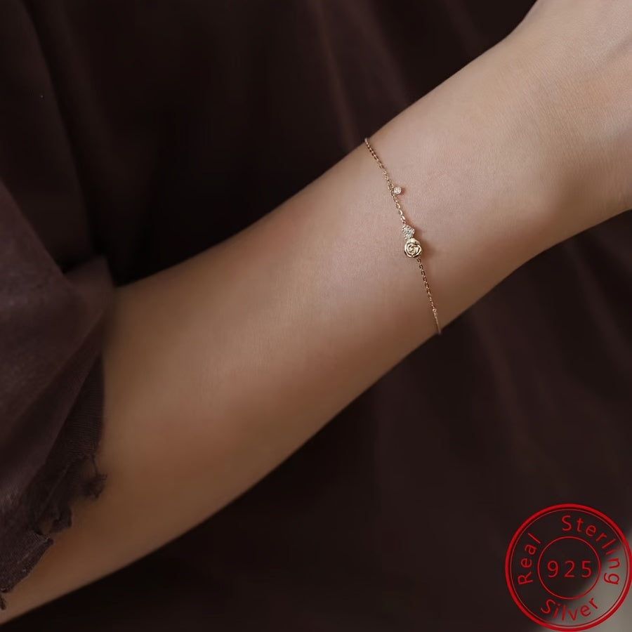 925 Sterling Silver Love Heart Rose Flower Thin Chain Bracelet Inlaid Shiny zirconia Elegant Hand Chain Bracelet