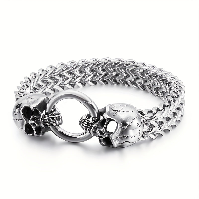 304 Stainless Steel Nordic Double Skull Cuban Chain Bracelet - Retro Punk Hip Hop Rock Jewelry for Men, Durable Polished Finish, Versatile for Daily Wear & Parties, Perfect Gift for Valentine's Day, Father's Day, Graduation,