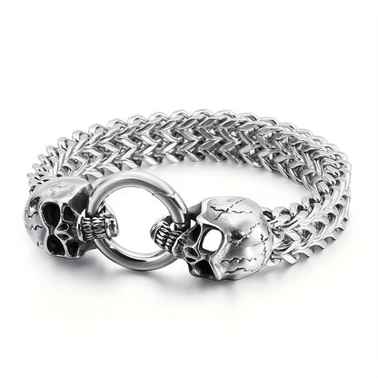 304 Stainless Steel Nordic Double Skull Cuban Chain Bracelet - Retro Punk Hip Hop Rock Jewelry for Men, Durable Polished Finish, Versatile for Daily Wear & Parties, Perfect Gift for Valentine's Day, Father's Day, Graduation,