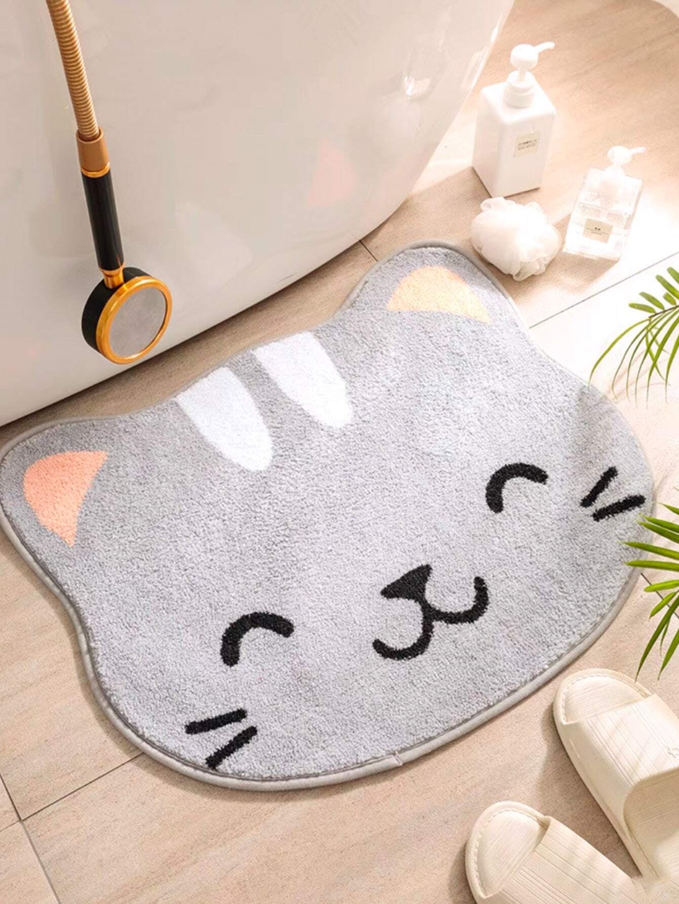 1Pc Grey Cat Cute Rug, Bathroom Non-Slip Floor Mat, Cartoon Washable Doormat for Bedroom/Living Room