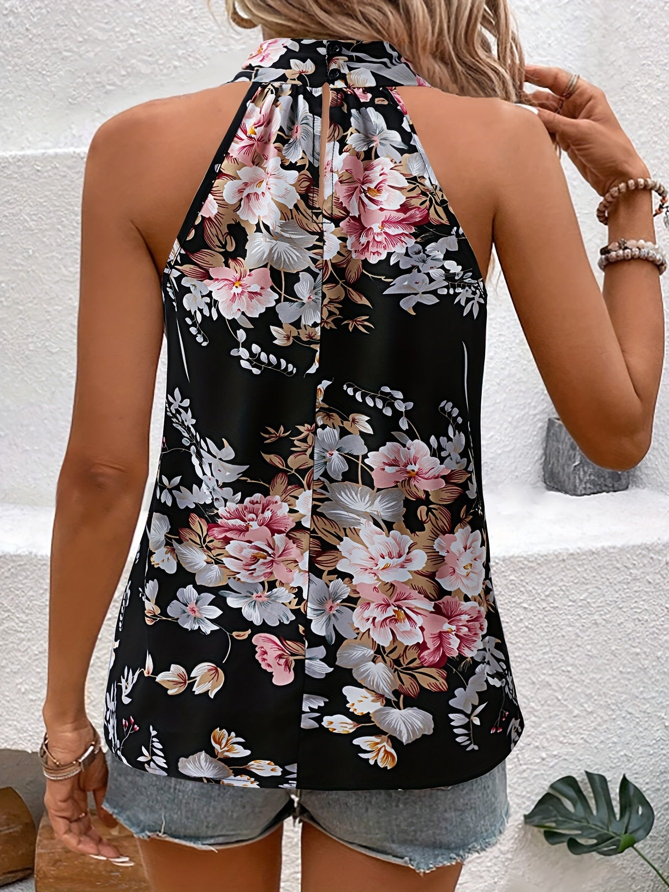 Vibrant Floral Print Blouse - Stylish Cross Halter Neckline, Sleeveless, Flowy Loose Fit - Perfect for Spring and Summer Outfits, Womens Comfortable Clothing