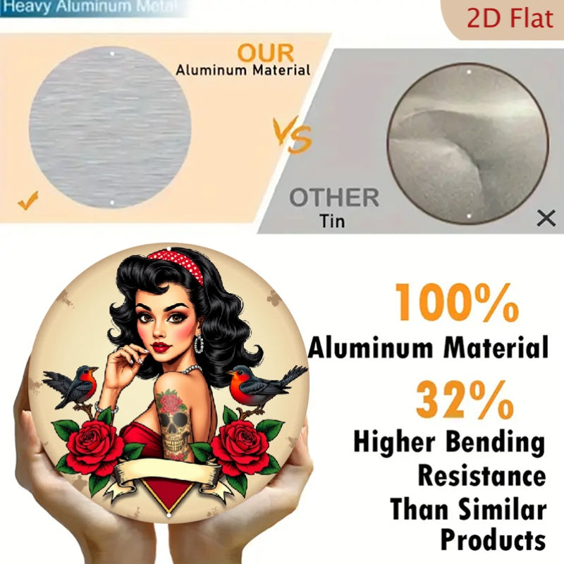 2D Flat - 1pc 2D Flat Pin-up Girl 7.8X7.8 Round Aluminum Sign | Skull Tattoo, Bird and Roses Metal Tin Sign - Bandana Rustic Metal Wall Art, Art Deco Style, Wall Decor for Home, Garage, Dining Room, Cafe, Perfect for Room
