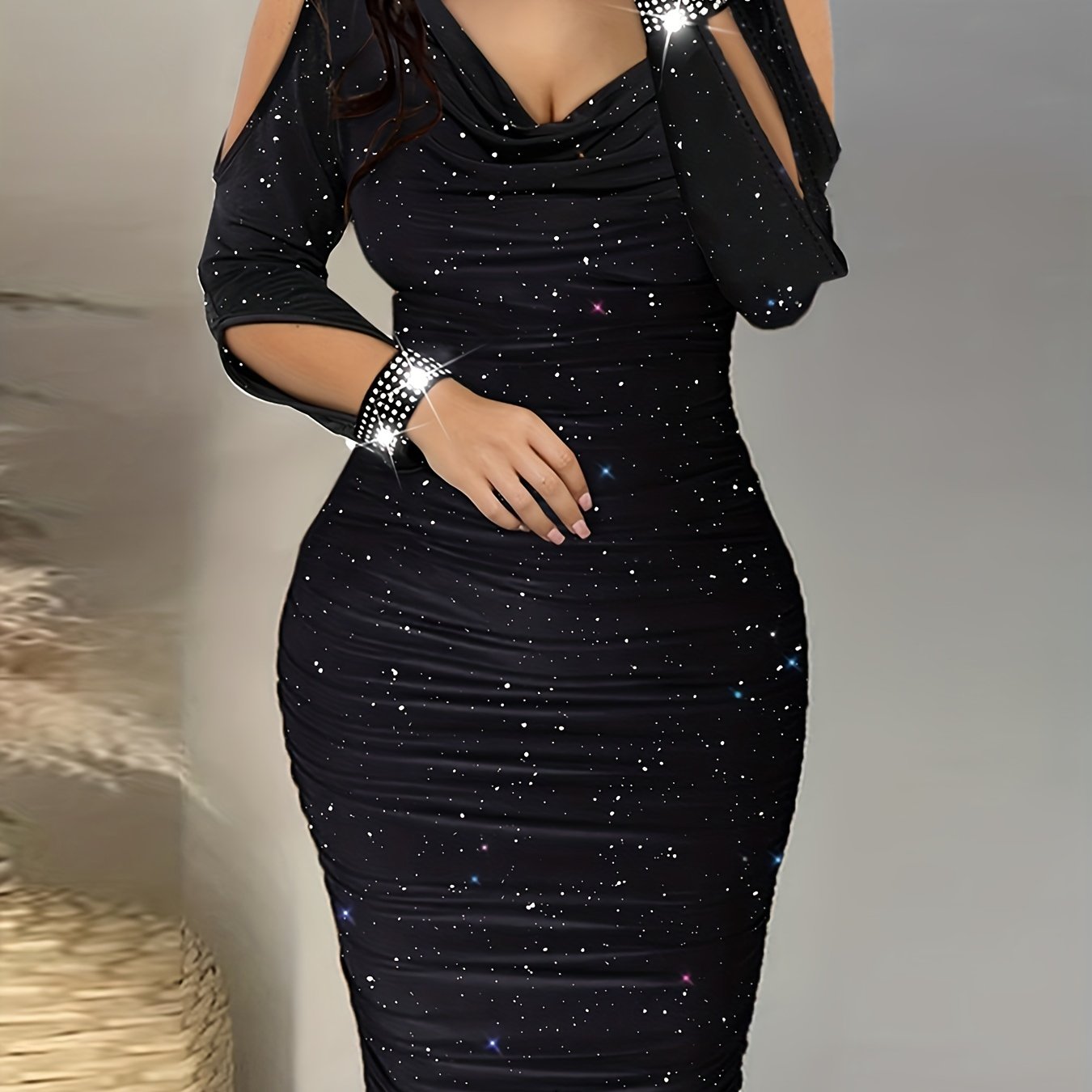 Hot-fix Rhinestone Embellished Swing Neckline Bodycon Dress
