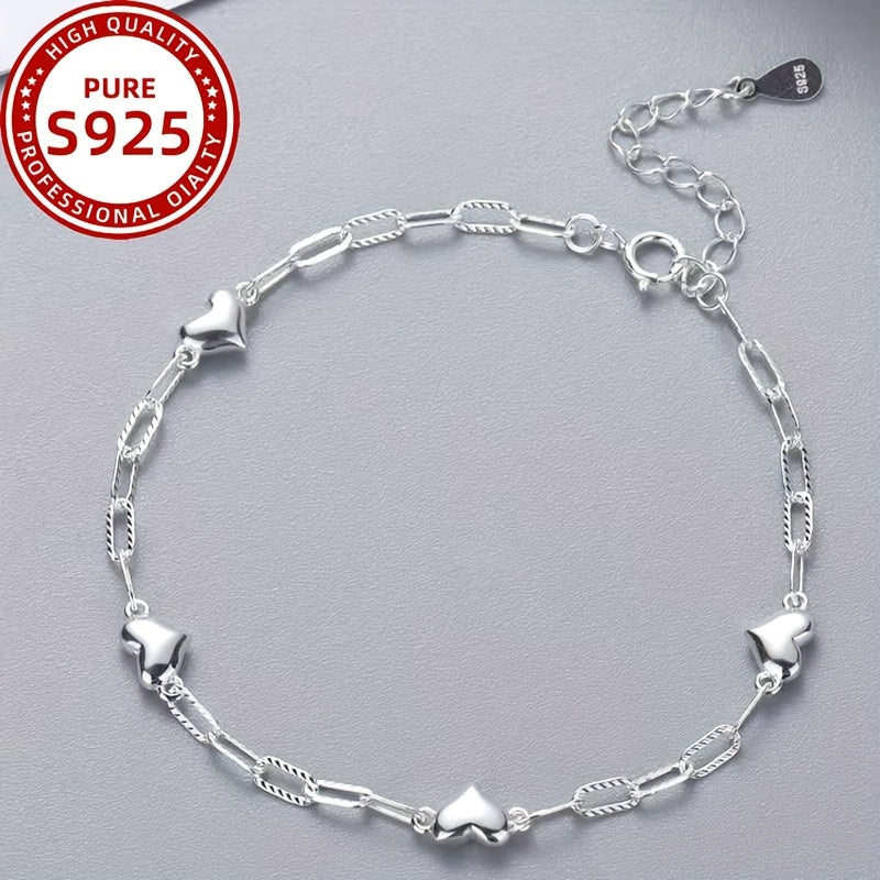 1pc Elegant 925 Sterling Silver Heart Charm Bracelet, Adjustable Anti-Allergy Sexy Chain Link Design Jewelry for Women, Party and Banquet Accessory