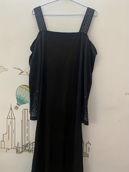 [Elegant Rhinestone Dress] Rhinestone Cold Shoulder Dress, Elegant Long Sleeve Split Dress, Women's Clothing