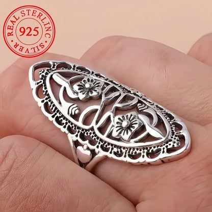 925 Sterling Silver Floral Carved Ring – Boho Retro Style for Daily Wear & Gift Giving