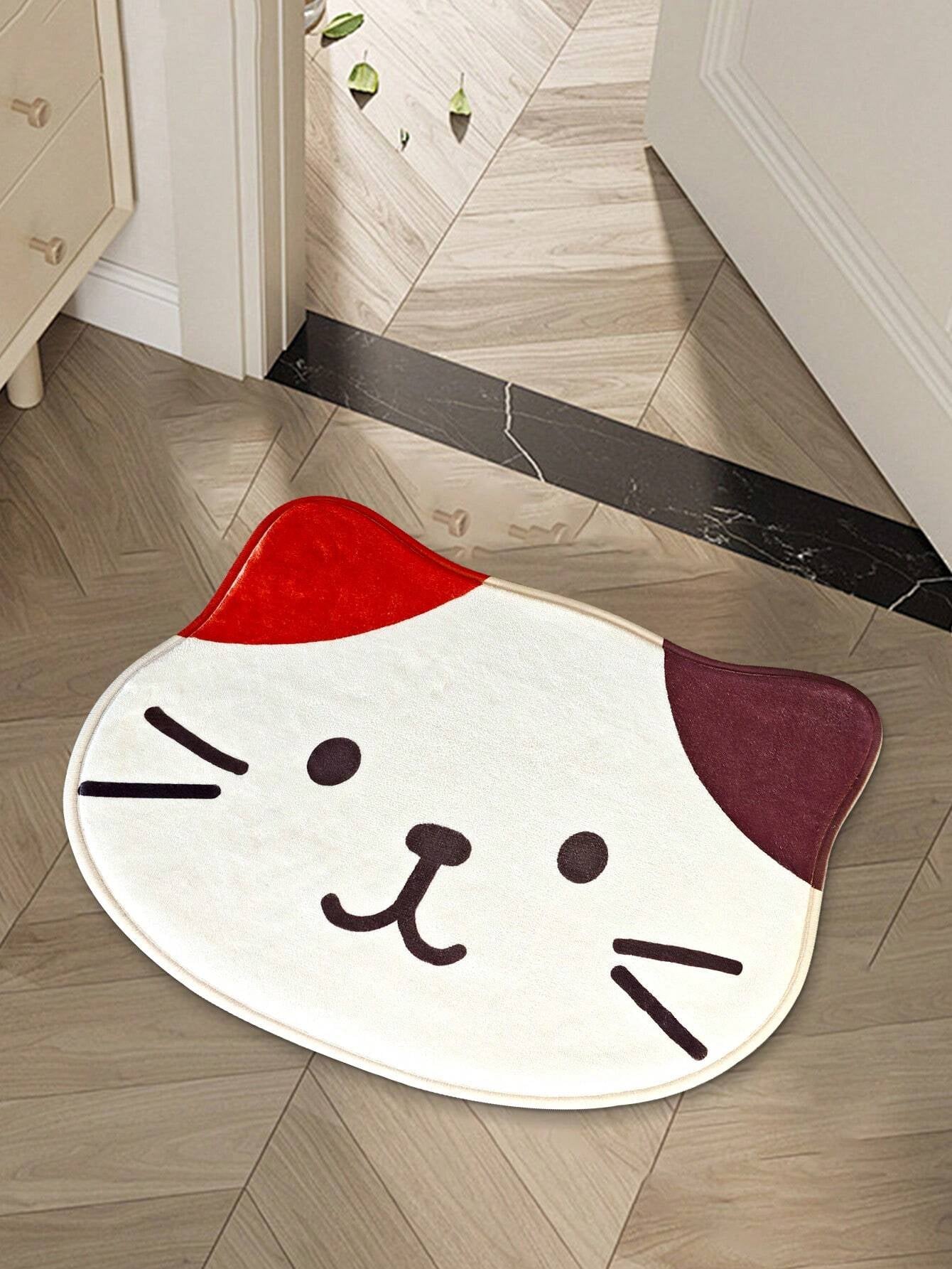 1Pc Grey Cat Cute Rug, Bathroom Non-Slip Floor Mat, Cartoon Washable Doormat for Bedroom/Living Room