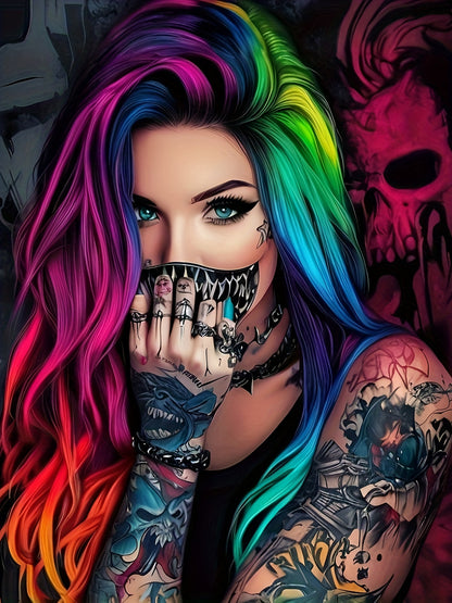 0XL-9XL Women's Plus Size Rainbow Punk Tattoo T-Shirt- Edgy Rebellious Full-Body Digital Print, Round Neck Short Sleeve Top Suitable for Concerts, Festivals& Casual Wear- Machine Washable Punk Aesthetic T-Shirt(Tattooed with