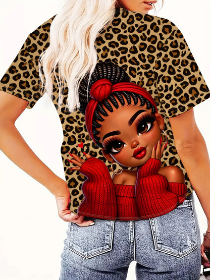 Women'S "Leopard Print Red Charm Cute " Themed Printed Short Sleeved T-shirt | Plus Size, Casual Style, Crew Neck, Slight Stretch Fabric, Digital Print, Regular Sleeve Length