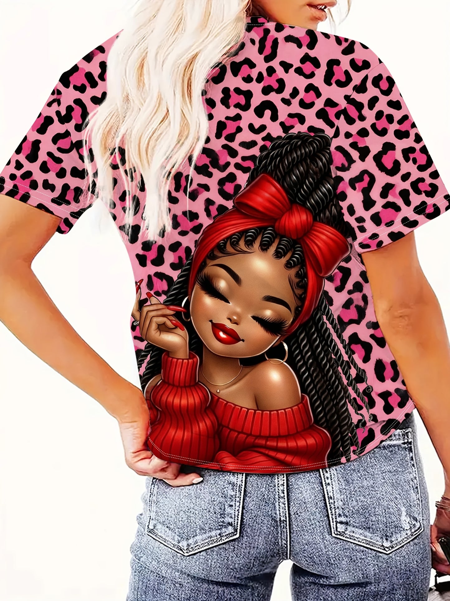 Ladies' Digital Printed Short Sleeved Shirt, Artistic Style "leopard Print Trendy " Themed Printed Short Sleeved T-shirt, Plus Size Ladies' Casual Round Neck T-shirt, The Picture Shows A Unique Style Of Trendy Image, Fully Pr