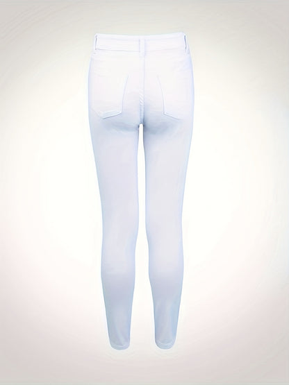 White Ripped Holes Straigh Jeans, Slash Pockets Distressed Non-Stretch Denim Pants, Women's Denim Jeans & Clothing