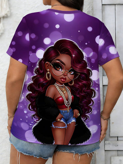 Plus-size Women'S T-shirt in Purple Tones | Trendy and Cool Style, Fully Printed, Crew Neck, Short Sleeves, Soft and Comfortable Fabric, Machine Washable, Suitable for Casual Wear in All Seasons or as a Gift