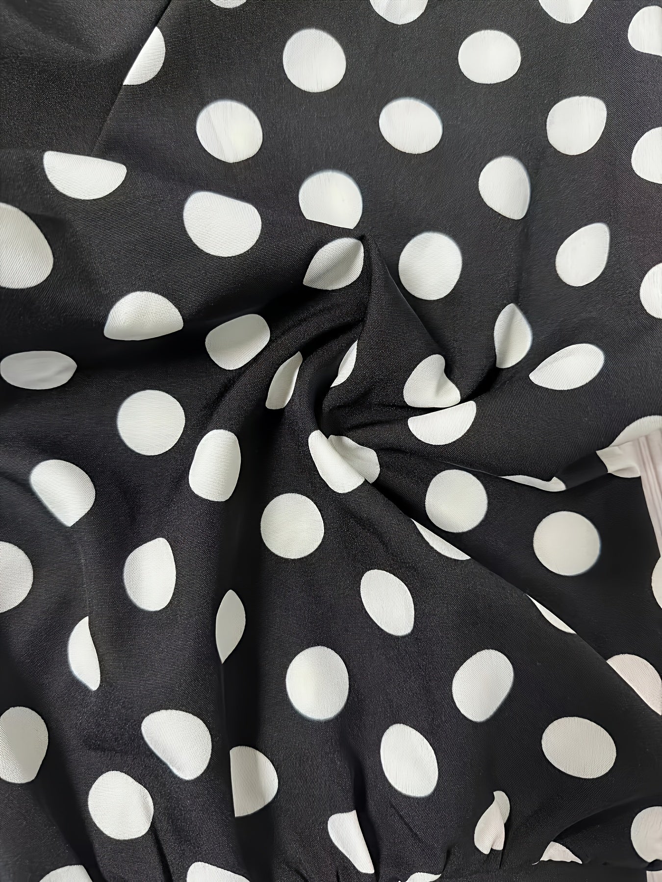 [Elegant Blouse] Lightweight Breathable Plus Size Women's Elegant V-Neck Blouse | Black & White Polka Dot Contrast Sleeve Top, Machine Washable Spring Summer Casual & Formal Shirt