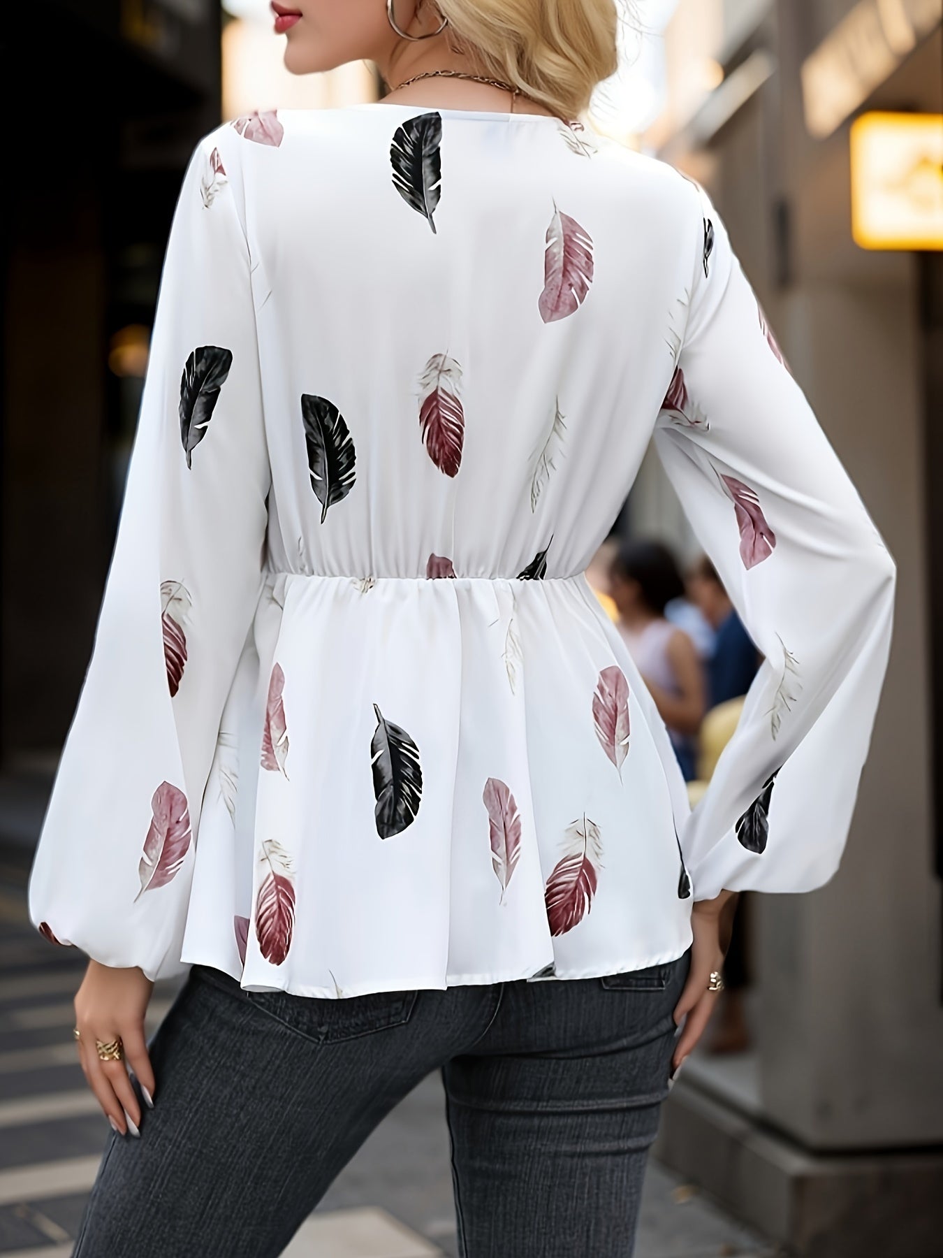 Floral Print Surplice Neck Blouse, Elegant Tie Waist Lantern Sleeve Blouse For Spring & Fall, Women's Clothing