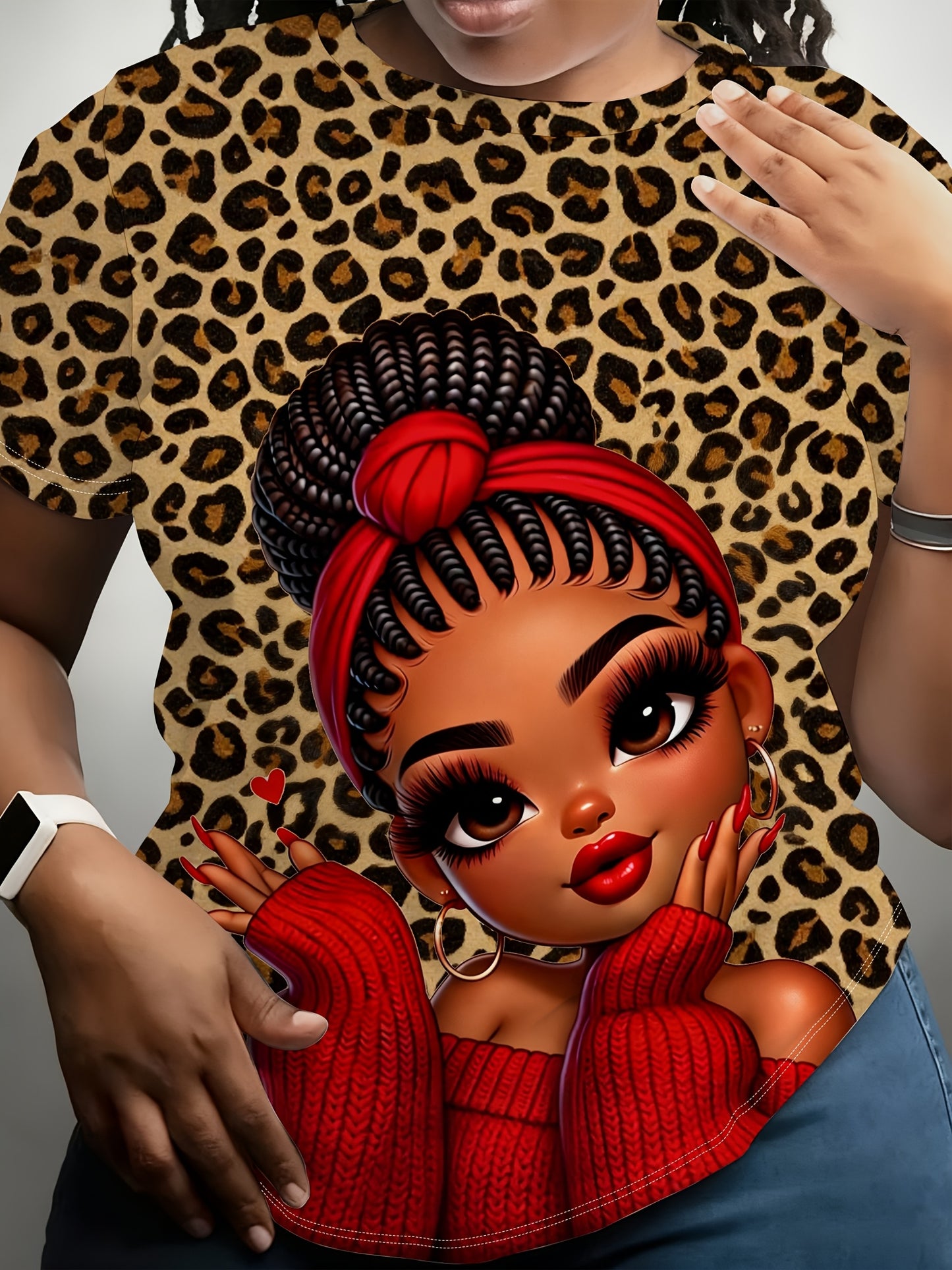 Women'S "Leopard Print Red Charm Cute " Themed Printed Short Sleeved T-shirt | Plus Size, Casual Style, Crew Neck, Slight Stretch Fabric, Digital Print, Regular Sleeve Length