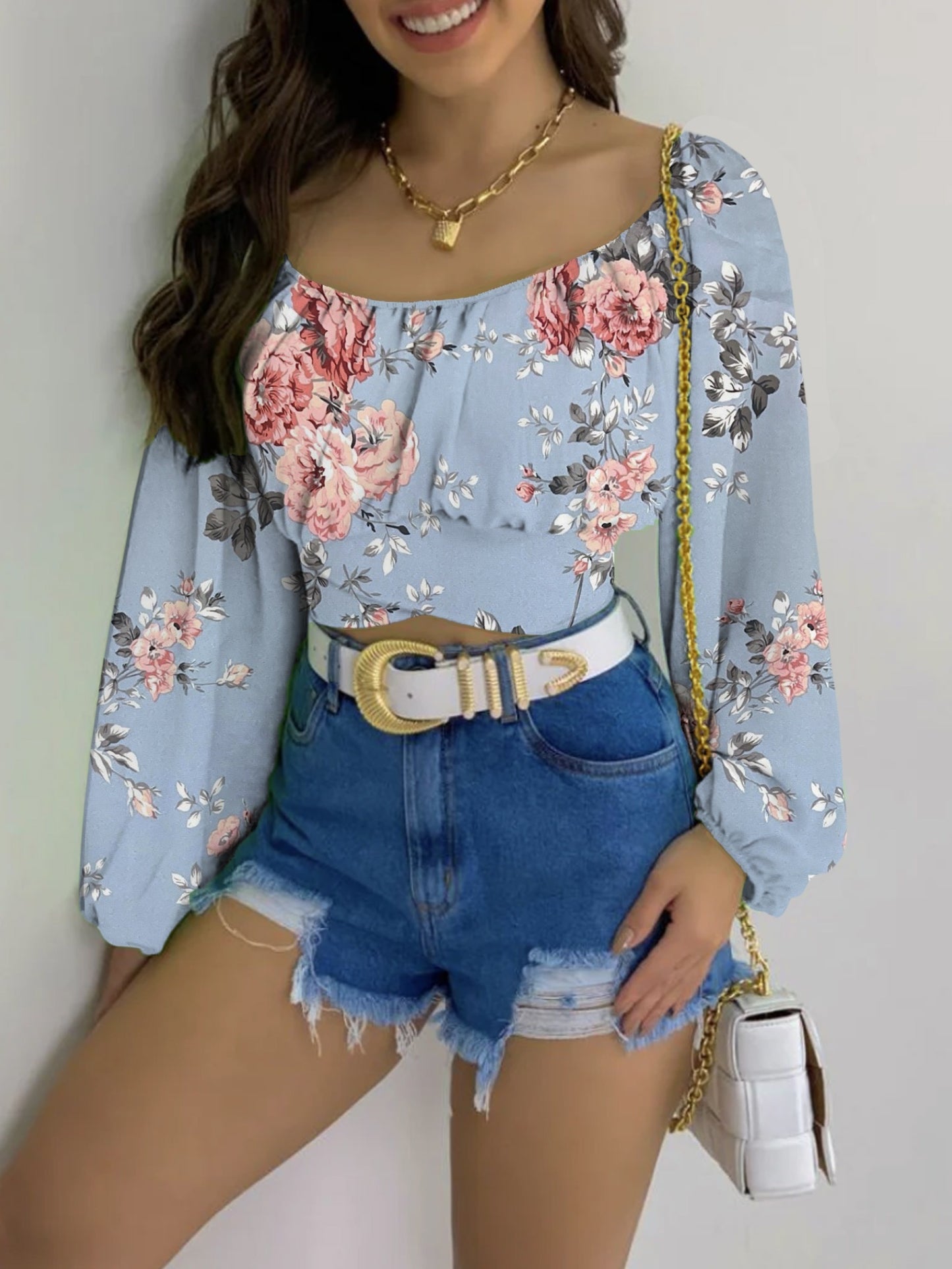Flora Print Off Shoulder Crop Blouse, Elegant Tie Back Lantern Sleeve Blouse For Spring & Fall, Women's Clothing