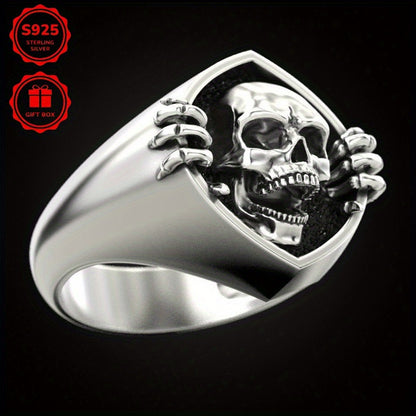 925 Sterling Silver Hypoallergenic High-quality Retro Punk Style Skull Head Men's Ring, Domineering and Exaggerated Shiny Ring, Versatile and Trendy Street Wear Matching Ring Jewelry Gift Box Packaging, Men's Fashion Accessor