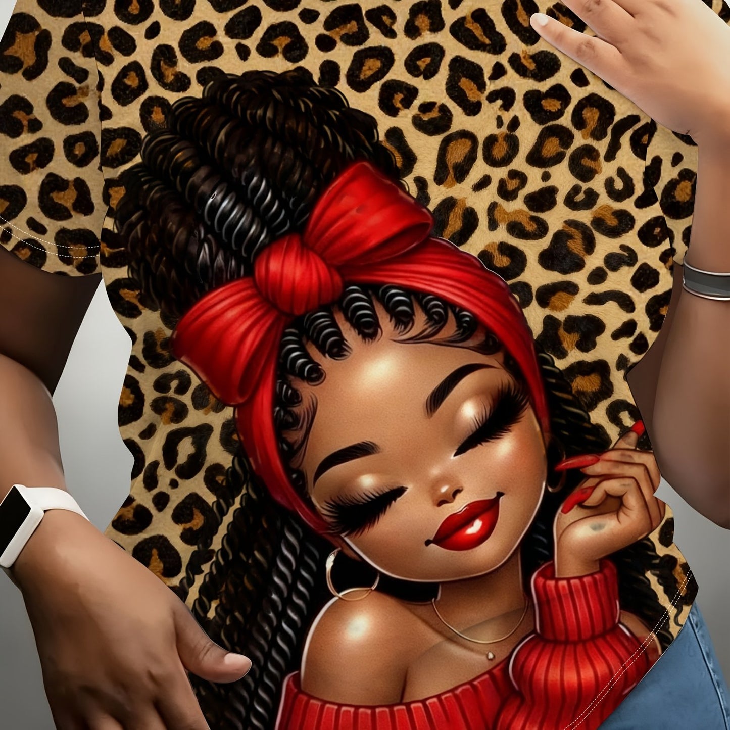 Ladies' Digital Printed Short Sleeved Shirt, Artistic Style "leopard Print Trendy " Themed Printed Short Sleeved T-shirt, Plus Size Ladies' Casual Round Neck T-shirt, The Picture Shows A Unique Style Of Trendy Image, Fully Pr