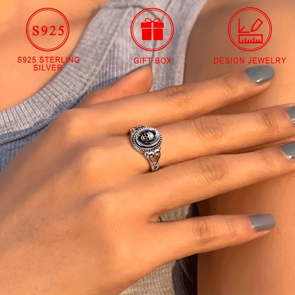 Silvery ring, stylish skull rose, black and white gothic bohemian engagement and wedding jewelry, oval shape, everyday gift, jewelry for all seasons | bohemian ring | durable metal ring, for Teenager