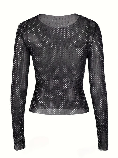 Women'S Sexy Semi-Sheer Mesh Long Sleeve T-Shirt - High Elasticity Slim Fit Round Neck Top, Breathable Stretchy Blouse For Spring Summer Fall, Machine Washable Versatile Casual & Dressy Outfits, Ladies T Shirts, Seasonal Fash