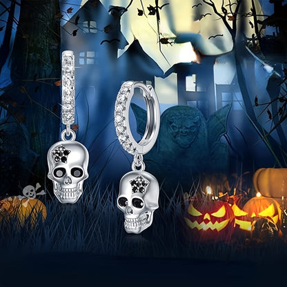 Gothic Chic Skull Dangle Earrings - Hypoallergenic Nickel-Free Copper, Sparkling Cubic Synthetic Zirconia Accents, Perfect for Halloween Parties, Casual Daily Wear, and Goth Fashion Enthusiasts